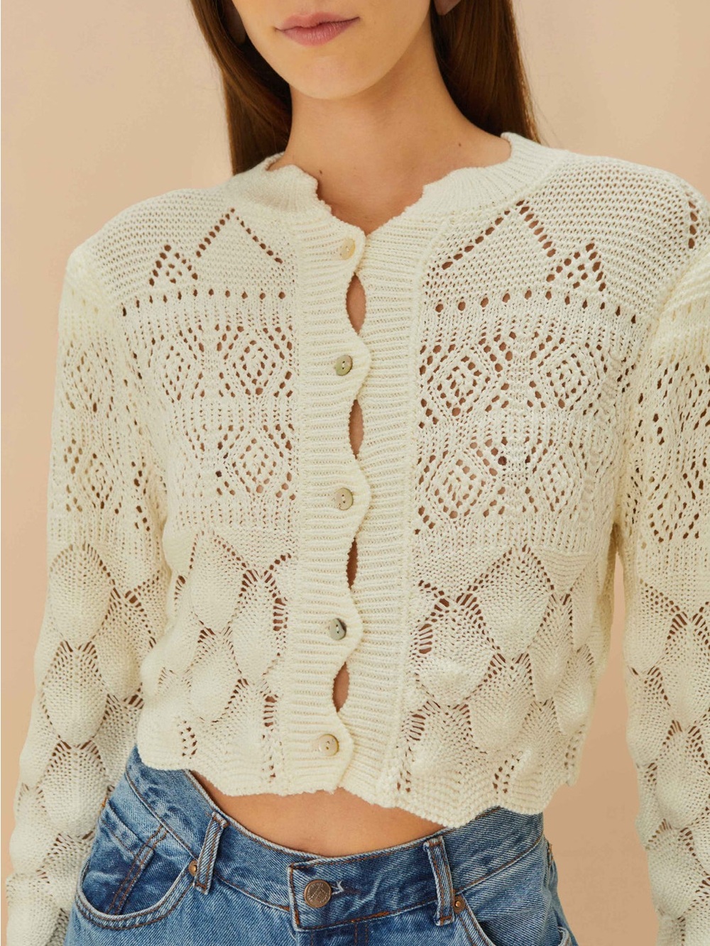 Farm Rio Off-White Mixed Lace Stitch Cardigan